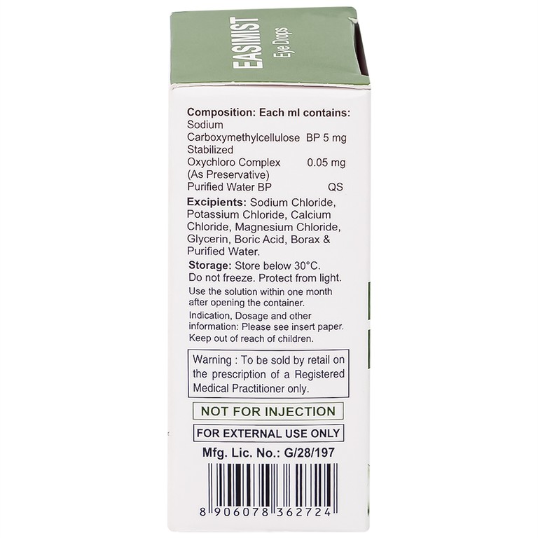 Nước mắt nhân tạo Easimist Eye Drops Indiana Ophthalmics giúp giảm khô và mỏi mắt (5ml)