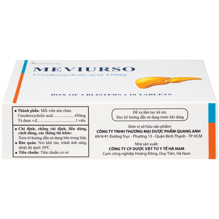 Thuốc Meviurso 450mg Hà Nam dùng để hòa tan sỏi cholesterol, viêm đường mật nguyên phát (3 vỉ x 10 viên)