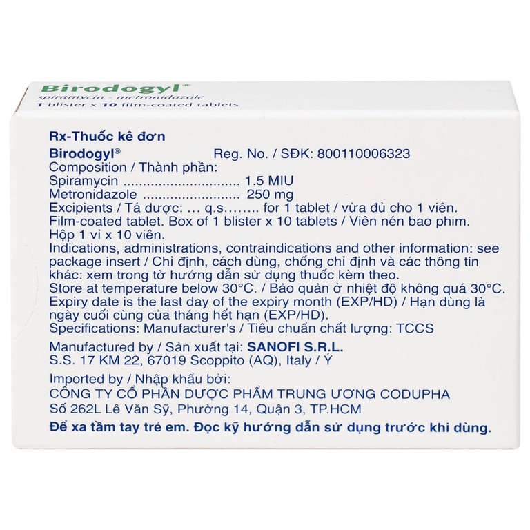 Thuốc Birodogyl 250mg Sanofi điều trị nhiễm trùng đường miệng cấp tính và mạn tính (1 vỉ x 10 viên)