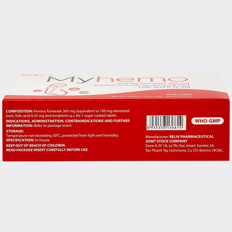 Thuốc Myhemo 305mg Reliv dự phòng thiếu sắt và folic acid (3 vỉ x 10 viên)