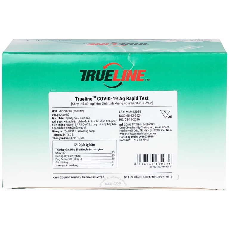 Kít test covid Trueline khay thử xét nghiệm kháng nguyên SAR CoV-2 (25 kít)