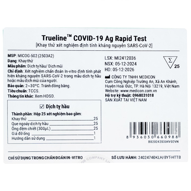 Kít test covid Trueline khay thử xét nghiệm kháng nguyên SAR CoV-2 (25 kít)