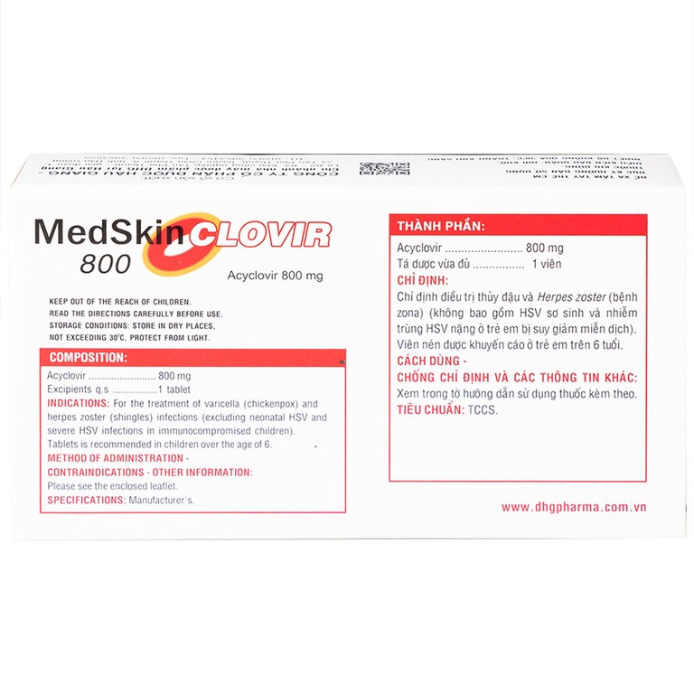 Thuốc MedSkin Clovir 800 DHG điều trị nhiễm virus Herpes simplex, bệnh thủy đậu, viêm phổi do Zona (3 vỉ x 10 viên)