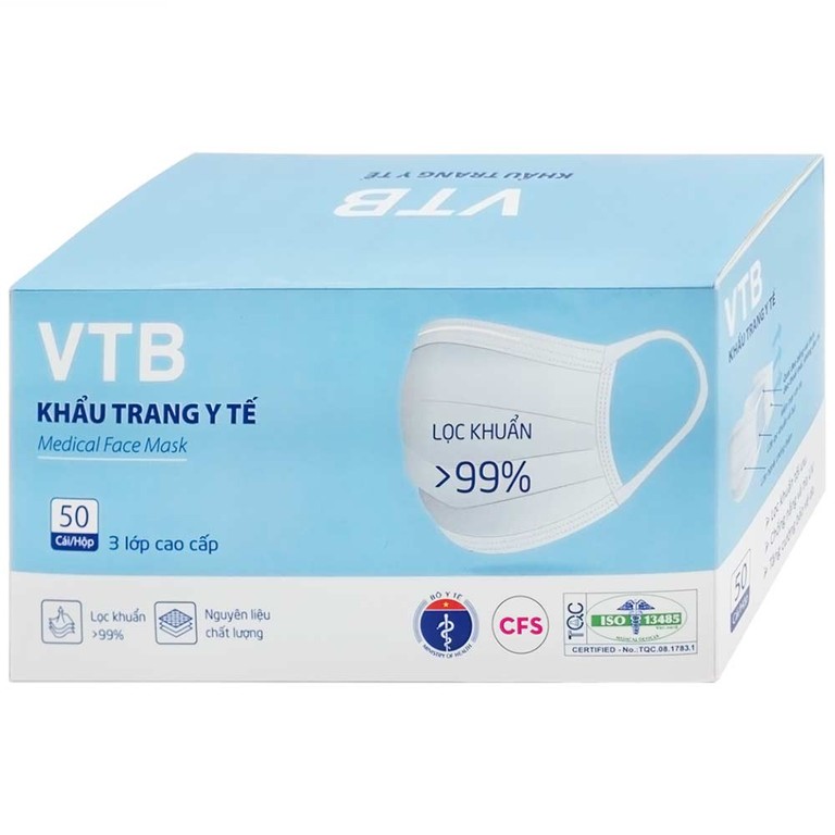 Khẩu trang y tế VTB màu trắng 3 lớp hỗ trợ ngăn khói, bụi, kháng khuẩn (50 cái)