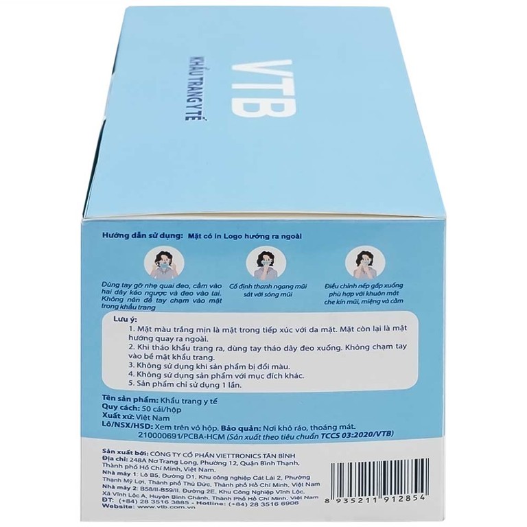 Khẩu trang y tế VTB màu trắng 3 lớp hỗ trợ ngăn khói, bụi, kháng khuẩn (50 cái)