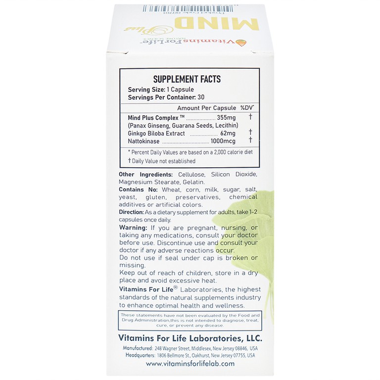 Viên uống Mind Plus Vitamins For Life tăng cường tuần hoàn não, cải thiện trí nhớ (30 viên) 