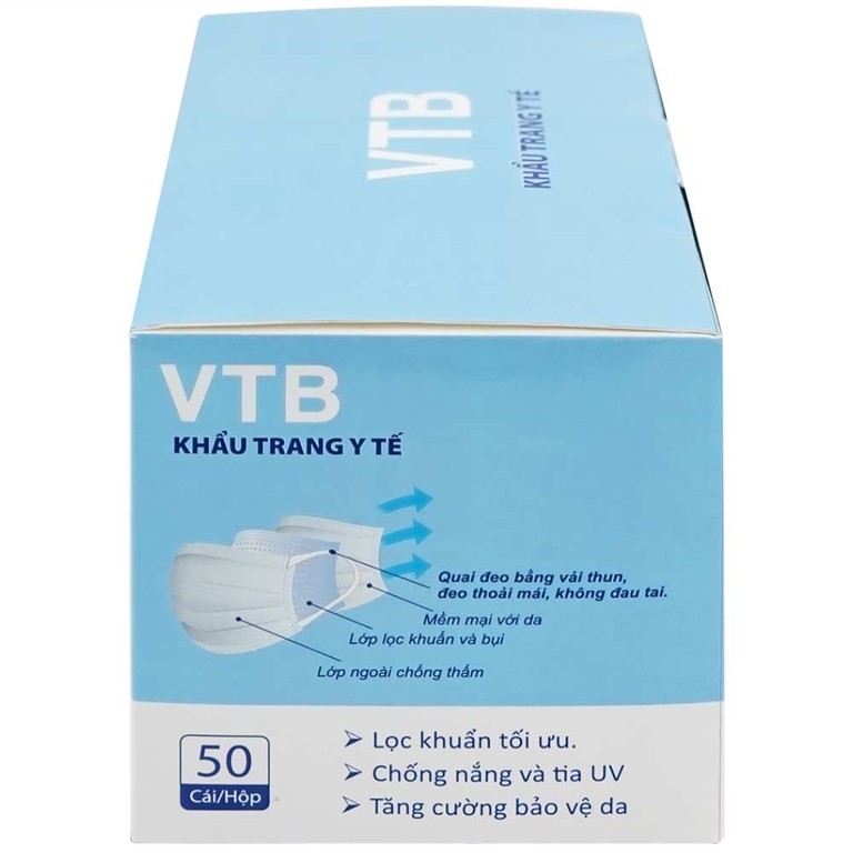 Khẩu trang y tế VTB màu trắng 3 lớp hỗ trợ ngăn khói, bụi, kháng khuẩn (50 cái)