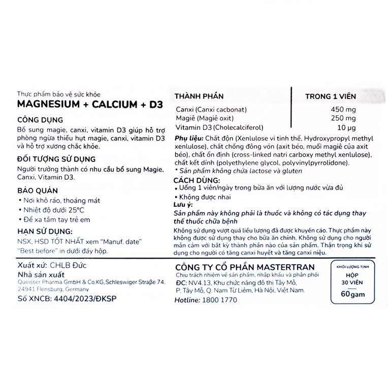 Viên uống Magnesium+Calcium+D3 Doppelherz Aktiv hỗ trợ cơ và xương khỏe mạnh (3 vỉ x 10 viên)