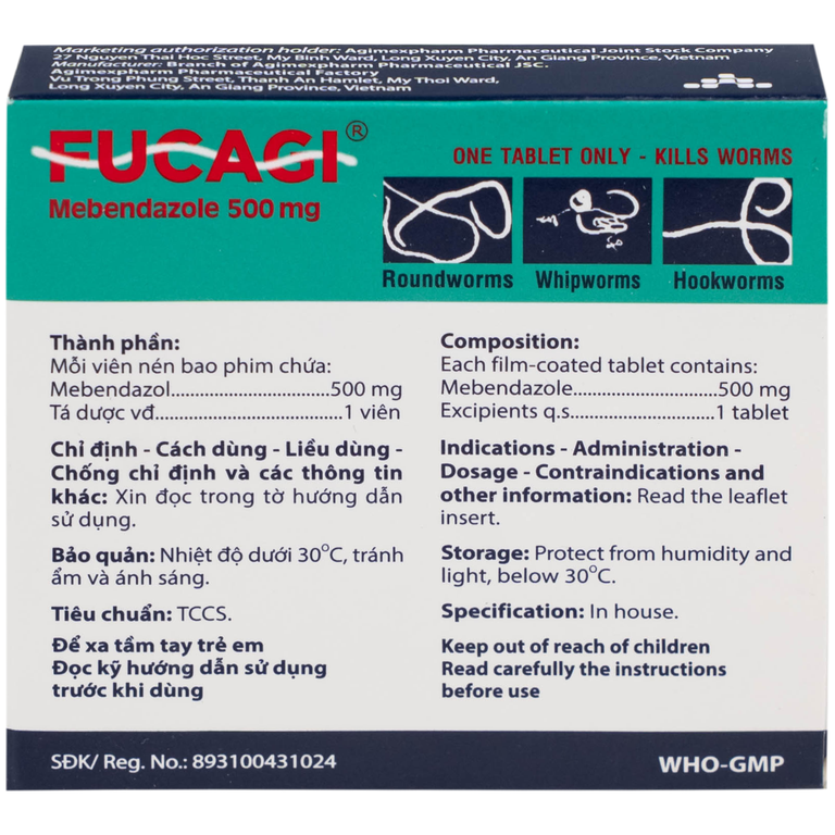 Thuốc Fucagi 500mg Agimexpharm điều trị nhiễm một hoặc nhiều loại giun đường ruột (1 viên)
