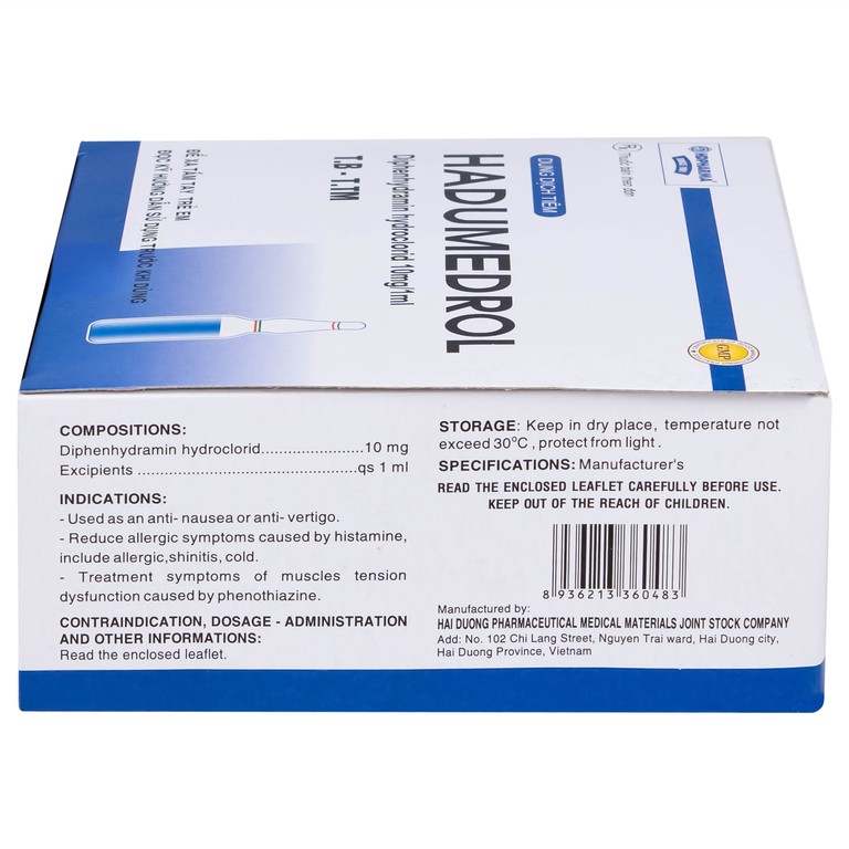 Thuốc Hadumedrol 10mg/ml Hdpharma giúp chống buồn nôn hoặc chóng mặt (100 ống x 1ml)
