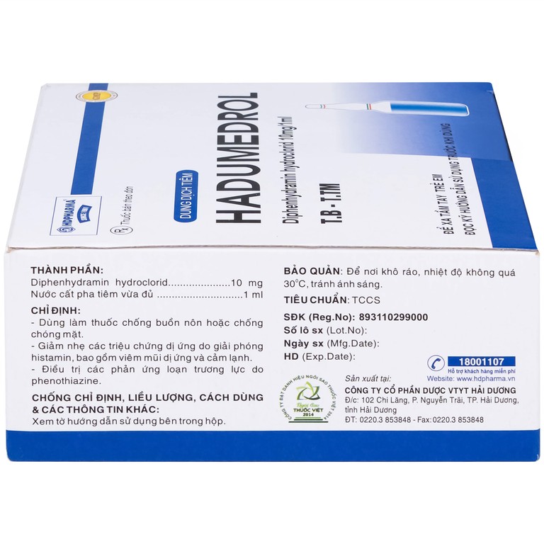 Thuốc Hadumedrol 10mg/ml Hdpharma giúp chống buồn nôn hoặc chóng mặt (100 ống x 1ml)