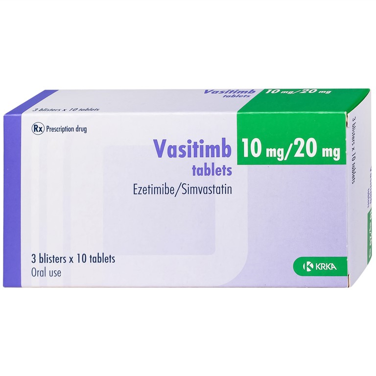 Thuốc Vasitimb 10mg/20mg tablets Krka giúp phòng bệnh tim, điều trị tăng cholesterol máu, máu đồng hợp tử gia đình (3 vỉ x 10 viên)