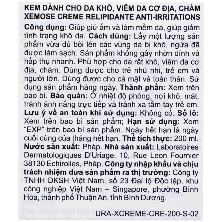 Kem bôi Uriage Xémose Crème Replipidante Anti-Irriations giảm viêm da cơ địa, mềm da (200ml)