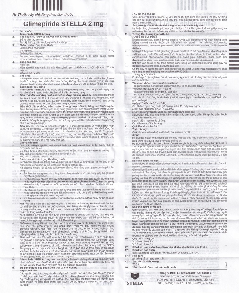 Thuốc Glimepiride Stella 2mg kiểm soát đường huyết cao ở bệnh tiểu đường típ 2 (3 vỉ x 10 viên)