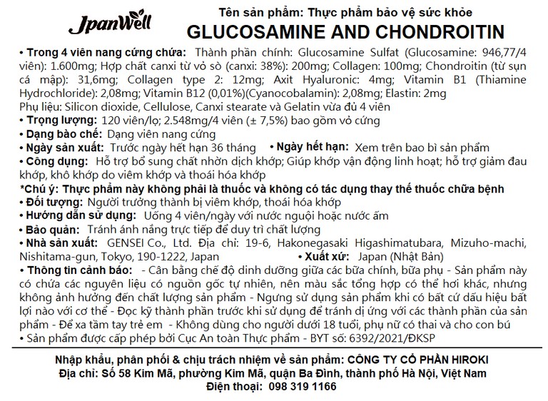 Viên uống Glucosamine And Chondroitin Jpanwell hỗ trợ bổ sung chất nhờn dịch khớp (120 viên) 