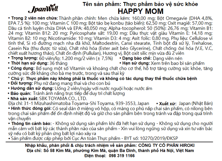 Viên uống Happy Mom Jpanwell bổ sung vitamin và khoáng chất (60 viên)
