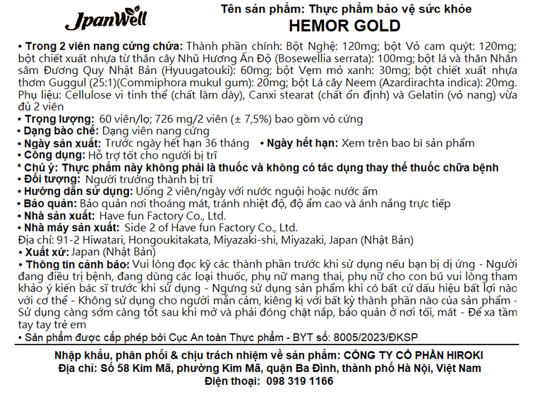 Viên nang cứng Hemor Gold Jpanwell hỗ trợ tốt cho người bị trĩ (60 viên)