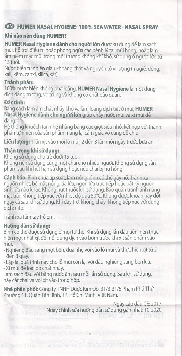 Dung dịch xịt mũi Humer 150 Nose Hygiene Urgo dùng để vệ sinh khoang mũi