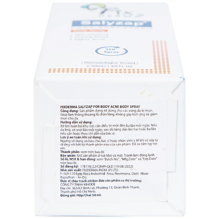 Xịt mụn Fixderma Salyzap giảm mụn trên lưng và toàn thân, kiểm soát dầu (50ml)