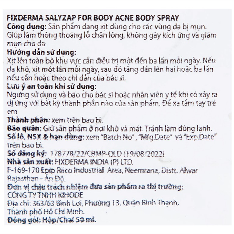 Xịt mụn Fixderma Salyzap giảm mụn trên lưng và toàn thân, kiểm soát dầu (50ml)