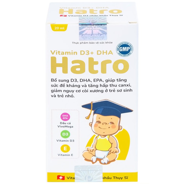 Dung dịch Vitamin D3+ DHA Hatro Pharvina tăng sức đề kháng, giảm nguy cơ còi xương (20ml)