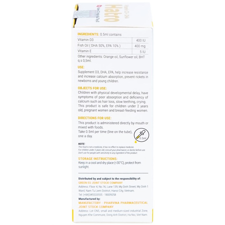 Dung dịch Vitamin D3+ DHA Hatro Pharvina tăng sức đề kháng, giảm nguy cơ còi xương (20ml)