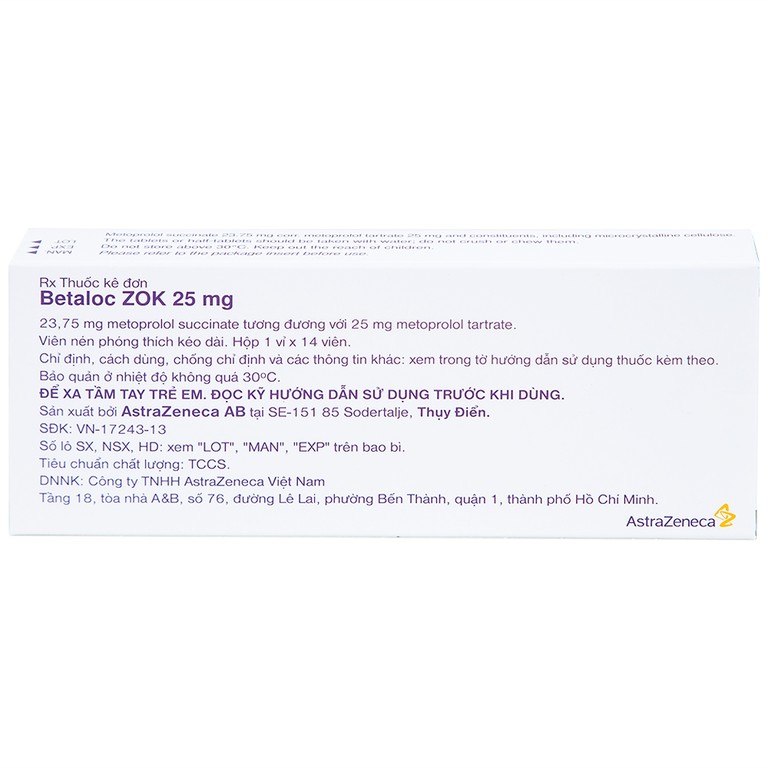 Thuốc Betaloc Zok 25mg AstraZeneca điều trị tăng huyết áp (1 vỉ x 14 viên)