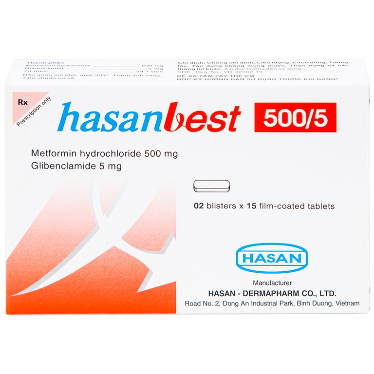 Thuốc Hasanbest 500/5 Hasan điều trị đái tháo đường típ 2 (2 vỉ x 15 viên)