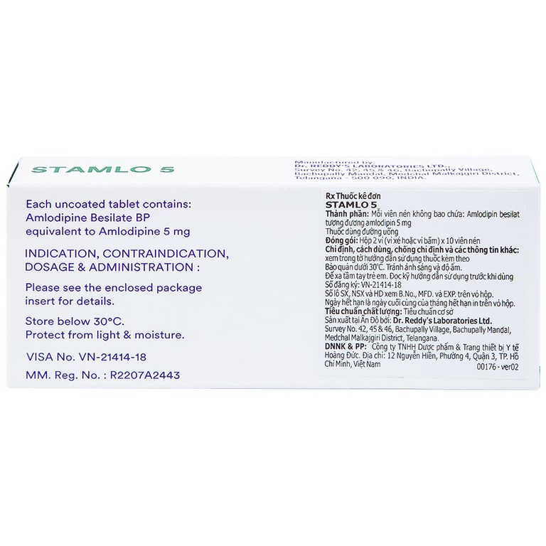Thuốc Stamlo 5 Dr. Reddy's điều trị tăng huyết áp, đau thắt ngực ổn định mạn tính (2 vỉ x 10 viên)