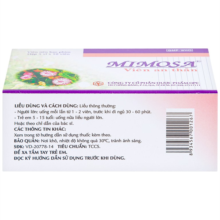 Viên an thần Mimosa OPC dùng cho trường hợp mất ngủ, suy nhược thần kinh (5 vỉ x 10 viên)