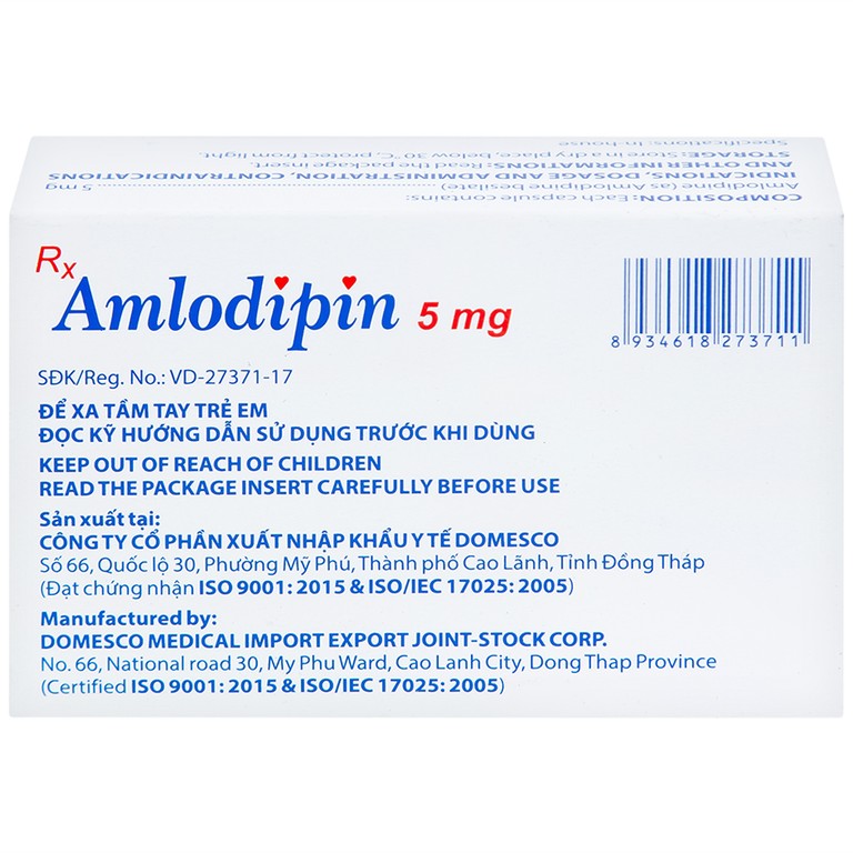 Thuốc Amlodipin 5mg Domesco điều trị tăng huyết áp, đau thắt ngực (3 vỉ x 10 viên)