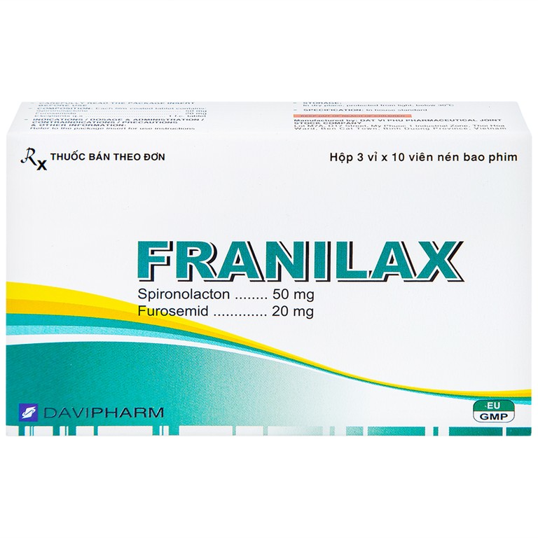 Thuốc Franilax 50mg/20mg Davipharm ngăn chặn sự tích tụ nước trong cơ thể (3 vỉ x 10 viên)