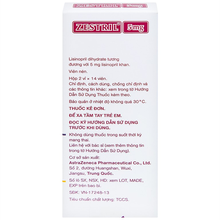 Thuốc Zestril 5mg AstraZeneca điều trị tăng huyết áp, suy tim (2 vỉ x 14 viên)