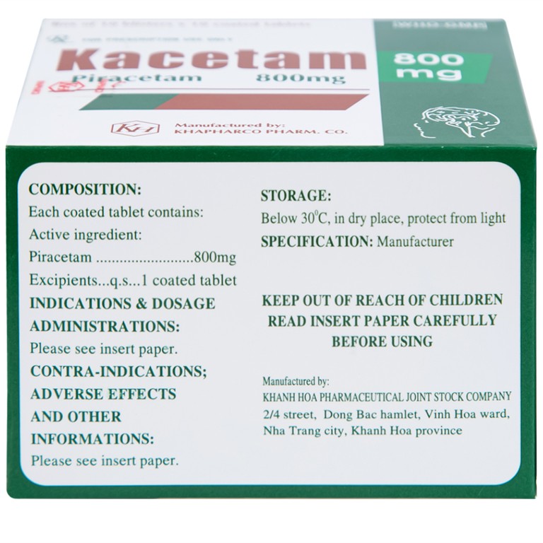 Viên nén Kacetam 800mg Khapharco điều trị rung giật cơ có nguồn gốc vỏ não, thiếu máu não (10 vỉ x 10 viên)