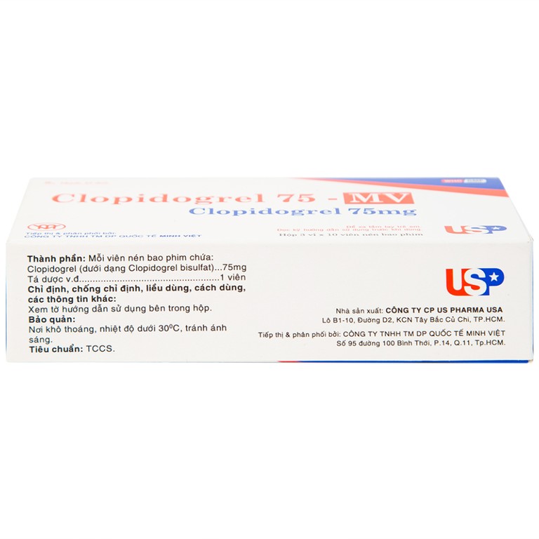 Thuốc Clopidogrel 75 - MV USP làm giảm hay dự phòng các biến cố huyết khối (3 vỉ x 10 viên)