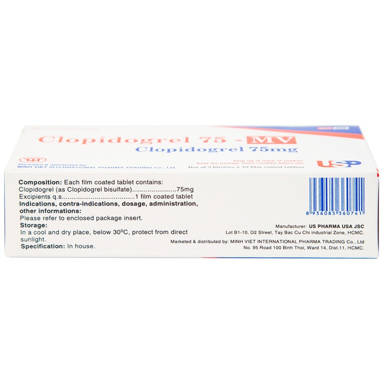 Thuốc Clopidogrel 75 - MV USP làm giảm hay dự phòng các biến cố huyết khối (3 vỉ x 10 viên)