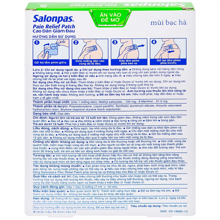 Cao dán giảm đau Salonpas Pain Relief Patch dùng trong các cơn đau vai, đau cổ (7cm x 10 cm - 5 miếng)