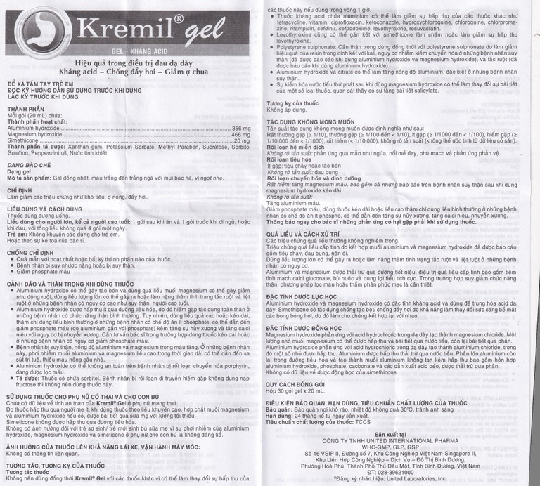 Dung dịch Kremil Gel United Pharma giảm loét dạ dày - tá tràng, viêm thực quản (30 gói x 20ml)