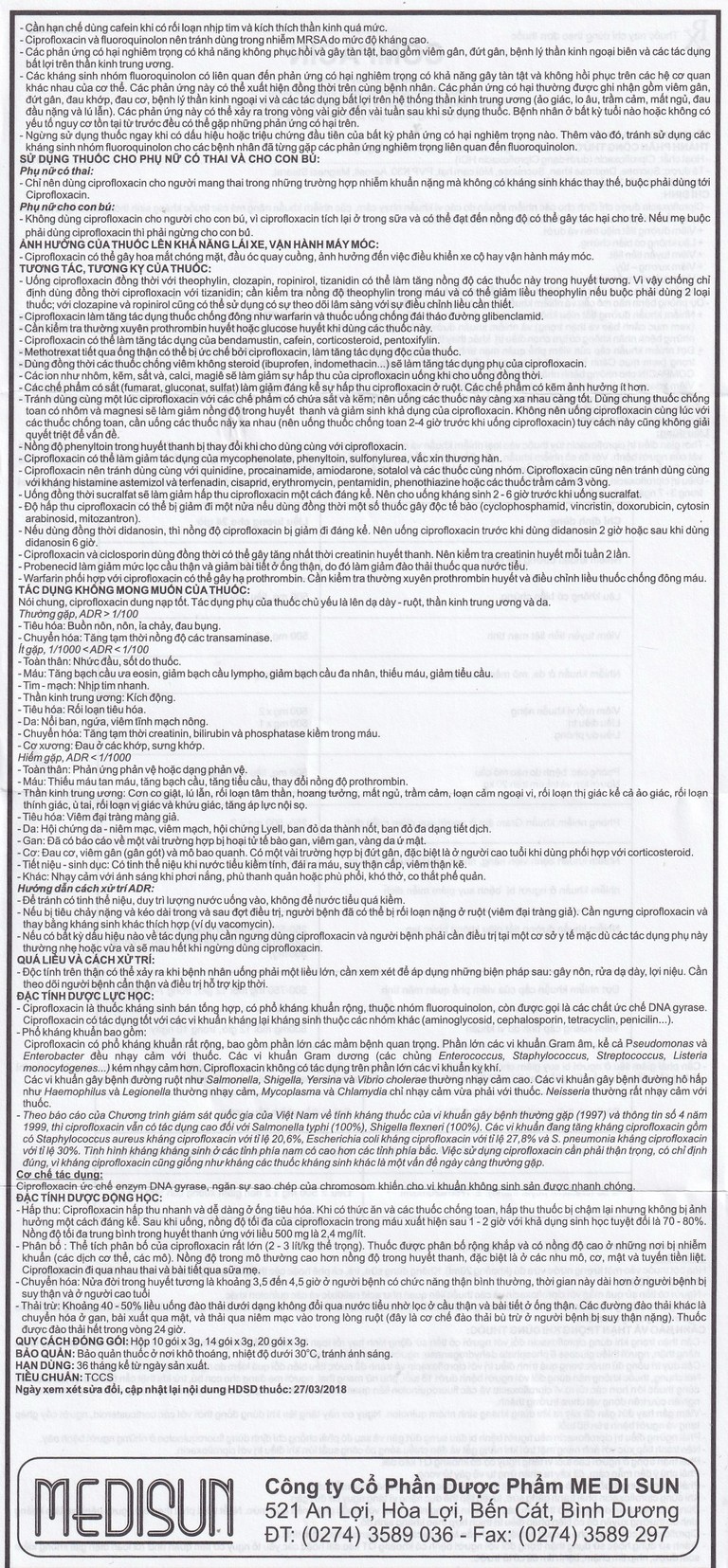 Bột pha hỗn dịch uống Compacin 250mg Medisun dùng cho các nhiễm khuẩn do các vi khuẩn nhạy cảm (20 gói)