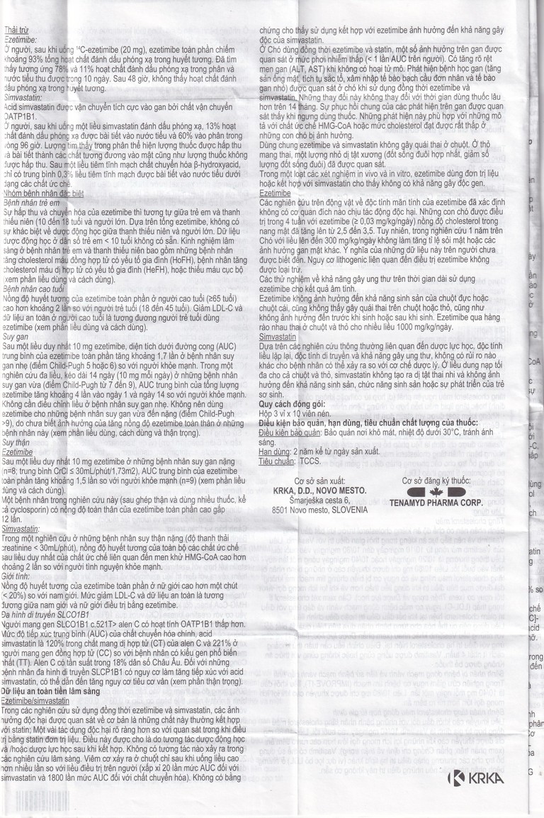 Thuốc Vasitimb 10mg/20mg tablets Krka giúp phòng bệnh tim, điều trị tăng cholesterol máu, máu đồng hợp tử gia đình (3 vỉ x 10 viên)