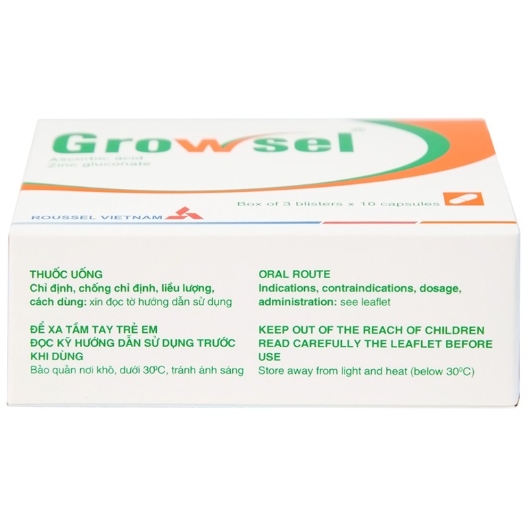 Thuốc Growsel Roussel điều trị bệnh do thiếu vitamin C và kẽm (3 vỉ x 10 viên)