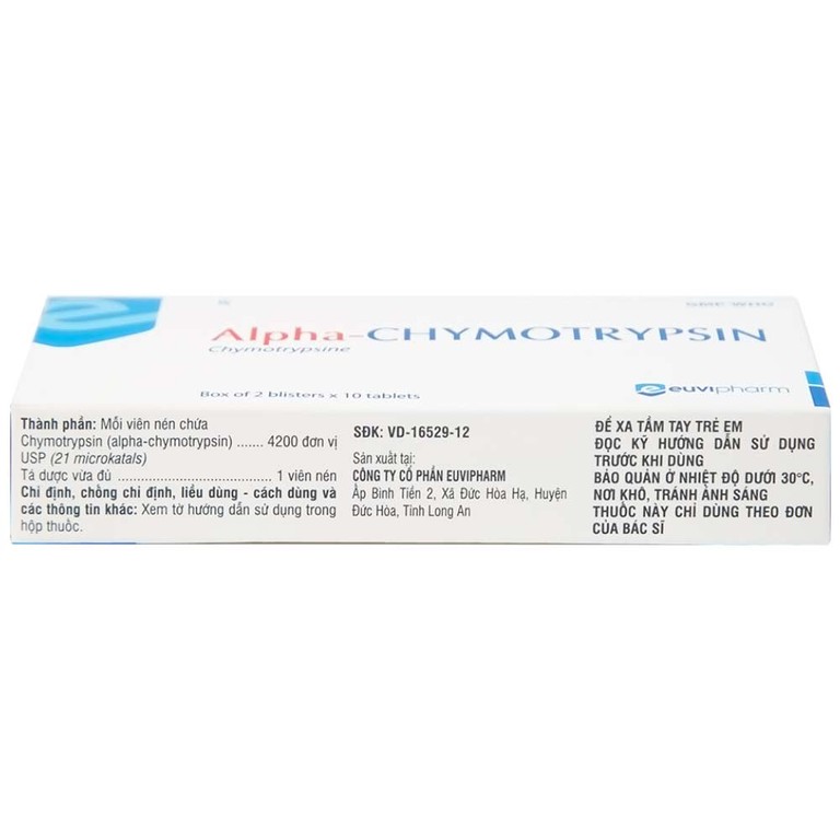 Thuốc Alpha-Chymotrypsin Euvipharm điều trị phù nề sau chấn thương, phẩu thuật, bỏng (2 vỉ x 10 viên)