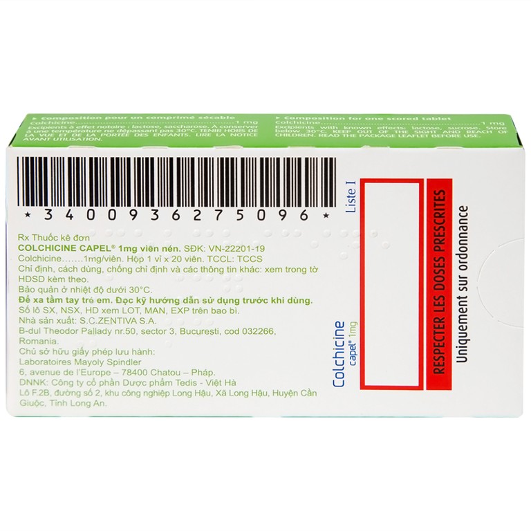 Thuốc Colchicine Capel 1mg Mayoly Spindler phòng ngừa và điều trị cơn gút cấp (20 viên)
