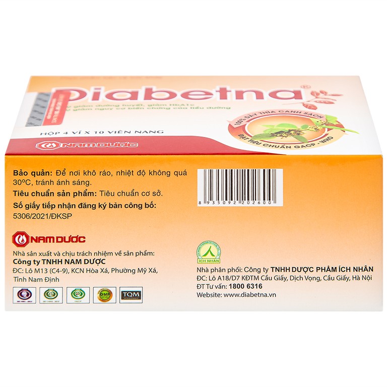 Viên uống Diabetna Nam Dược hỗ trợ giảm đường huyết, giảm HbA1c (4 vỉ x 10 viên)