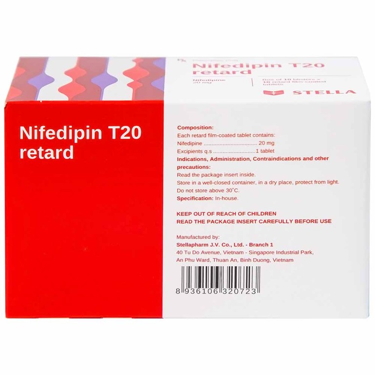 Viên nén Nifedipin T20 retard Stella dự phòng đau thắt ngực, điều trị tăng huyết áp (10 vỉ x 10 viên) 