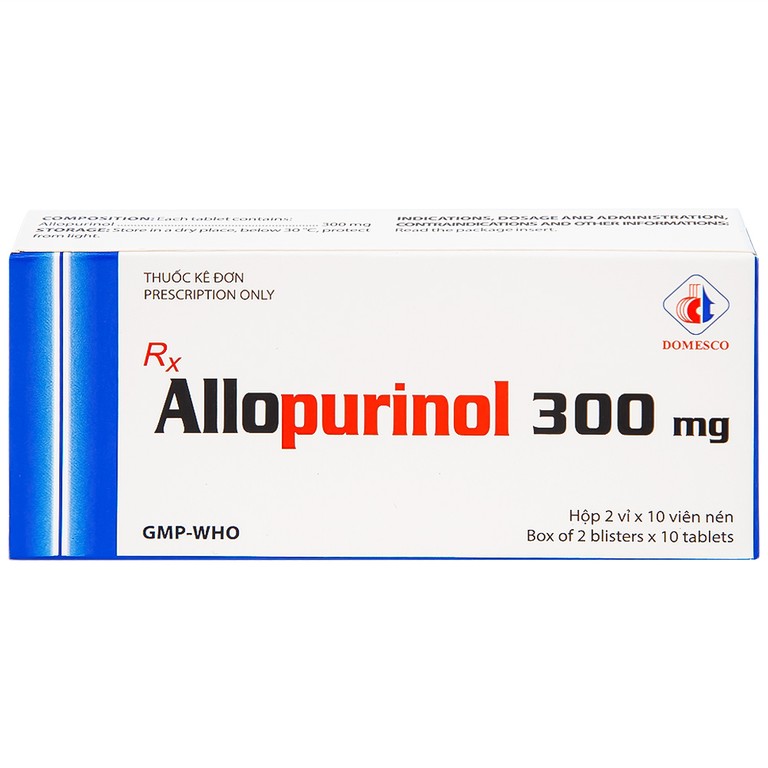 Thuốc Allopurinol 300mg Domesco điều trị tăng acid uric máu, sỏi thận (2 vỉ x 10 viên)