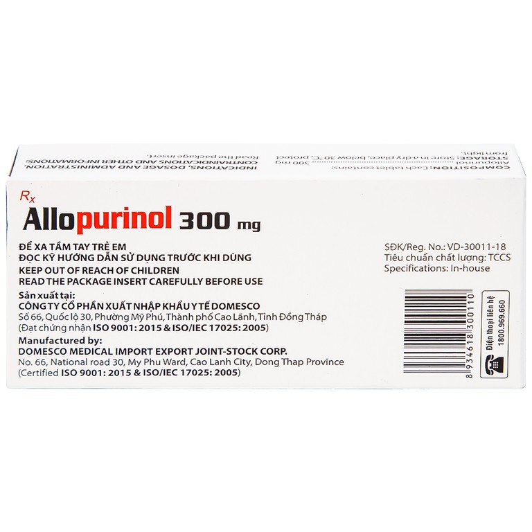 Thuốc Allopurinol 300mg Domesco điều trị tăng acid uric máu, sỏi thận (2 vỉ x 10 viên)