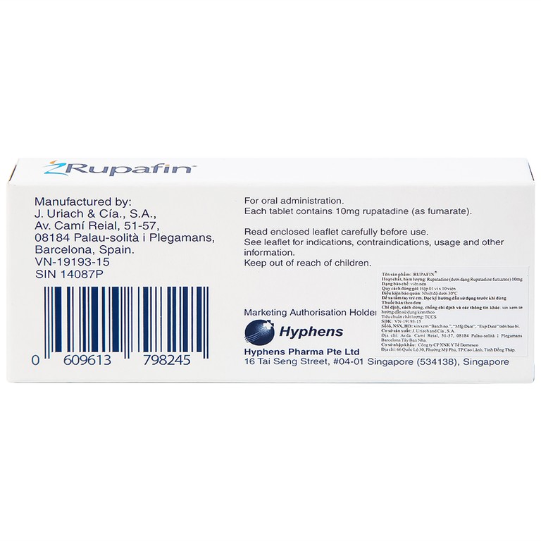 Thuốc Rupafin 10mg Hyphens điều trị viêm mũi dị ứng, nổi mày đay (1 vỉ x 10 viên)