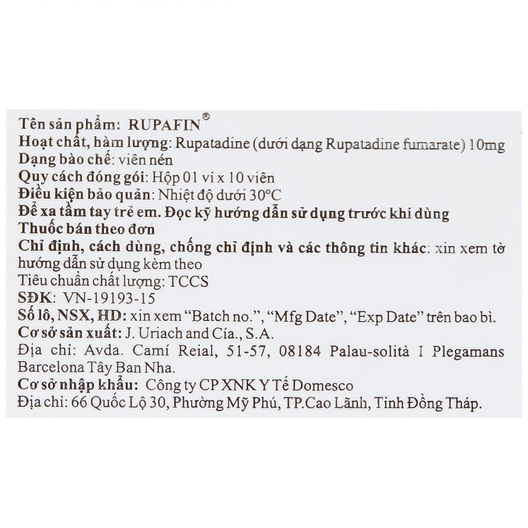 Thuốc Rupafin 10mg Hyphens điều trị viêm mũi dị ứng, nổi mày đay (1 vỉ x 10 viên)