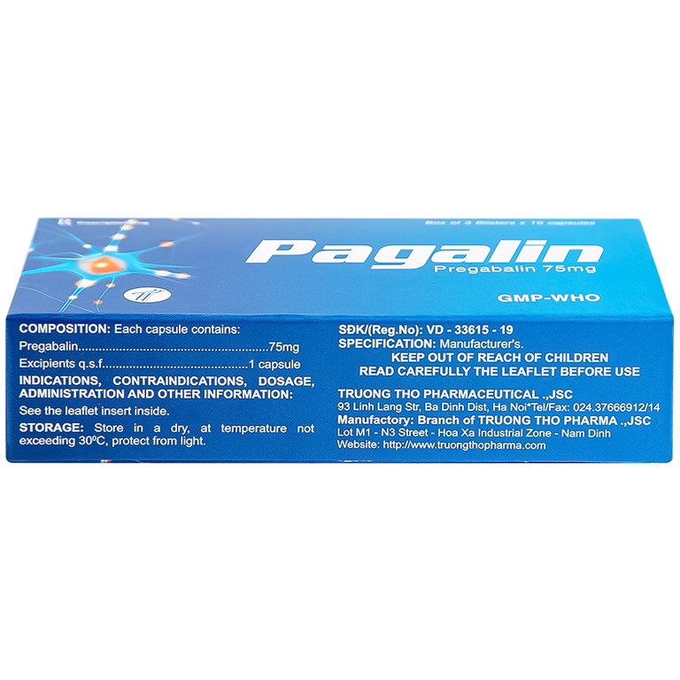 Viên nang cứng Pagalin 75mg Trường Thọ điều trị đau thần kinh, động kinh (3 vỉ x 10 viên)